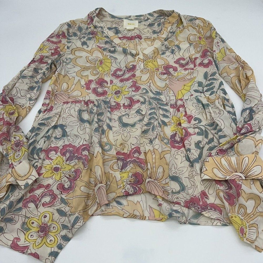 Maeve Anthropologie Pink Floral Colorful Blouse Shirt Size 0 100% Rayon
